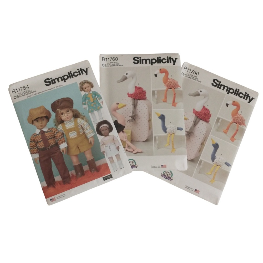 Lot 3 Simplicity Sewing Patterns Plushies 18in Doll Clothes Uncut